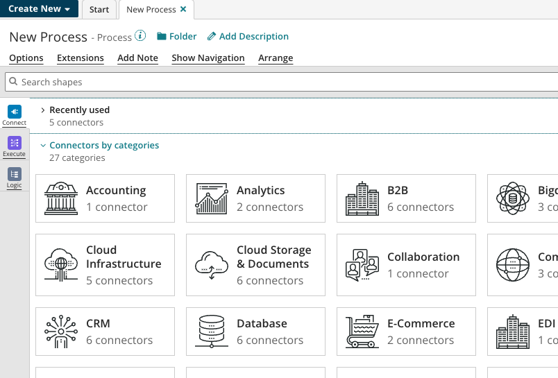 Screenshot of the guided user interface of an software product showing two categories: Recently Used and Connections by Categories